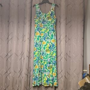 big hed designs dress Vtg Big Hed Designs Black Beige Floral Graffiti Maxi Dress Boho Cover Up S  USA